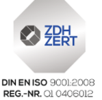 Logo der Qualitätszertifizierung DIN ISO 9001, hexagonale Form mit blauem und schwarzem Text