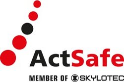 Logo der Marke ACTSAFE, möglicherweise mit roten und schwarzen Punkten