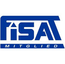 Das blaue und weiße Logo von FISAT