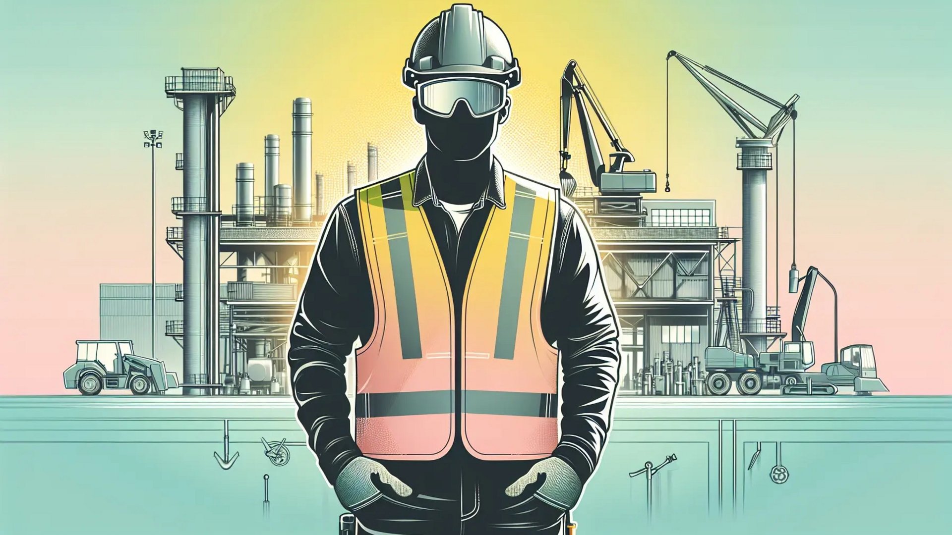 Ein Industriekletterer von zitras steht in vorderer Ansicht da, trägt einen Sicherheitshelm, eine Schutzbrille und eine Warnweste. Im Hintergrund befinden sich Industrieanlagen mit Kränen und weiteren Arbeitern, die beschäftigt sind.