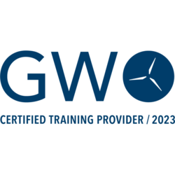 Ein blaues Logo von GWO